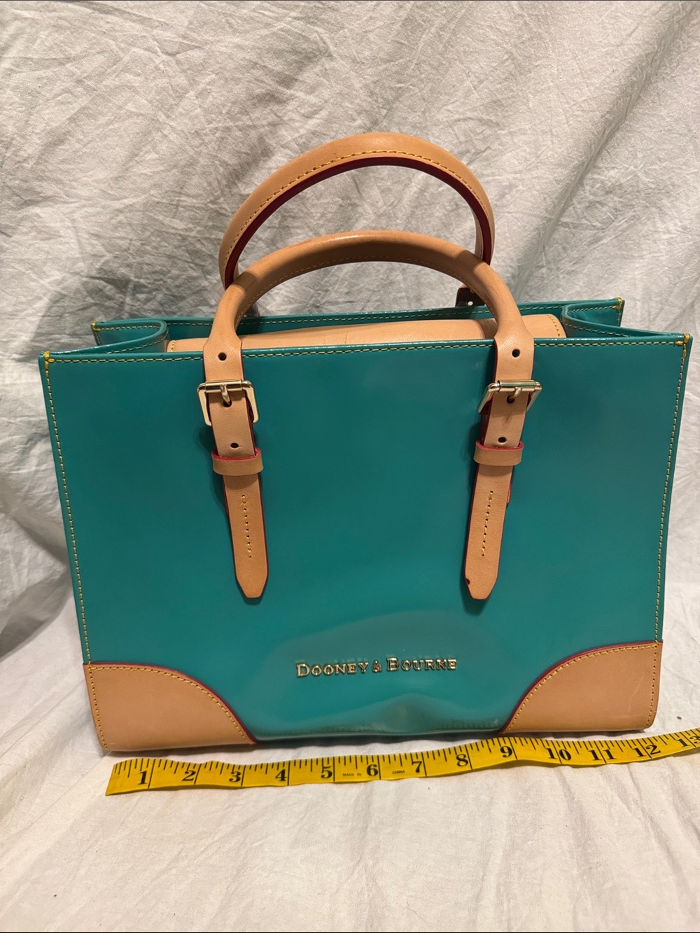 Dooney & Bourke Teal Patent Satchel with Tan Trim and Handles